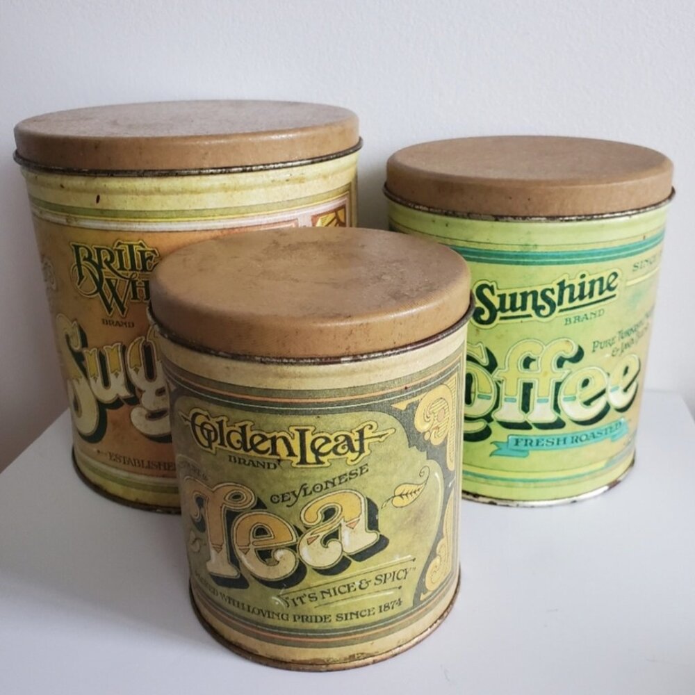 Vintage Ballonoff nesting Tin Canisters Sugar Coffee Tea set of 3, USA made